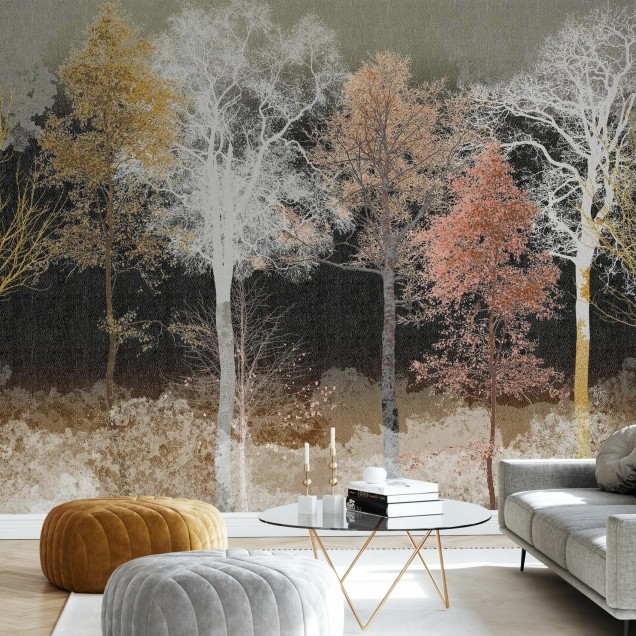 Tapet cu design modern si minimalist, cu o imagine a unor copaci cu crengi subtiri si frunze galbene, portocalii si roz, pe fundal negru.