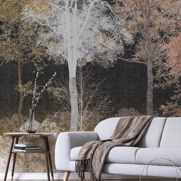 Tapet cu design modern si minimalist, cu o imagine a unor copaci cu crengi subtiri si frunze galbene, portocalii si roz, pe fundal negru.