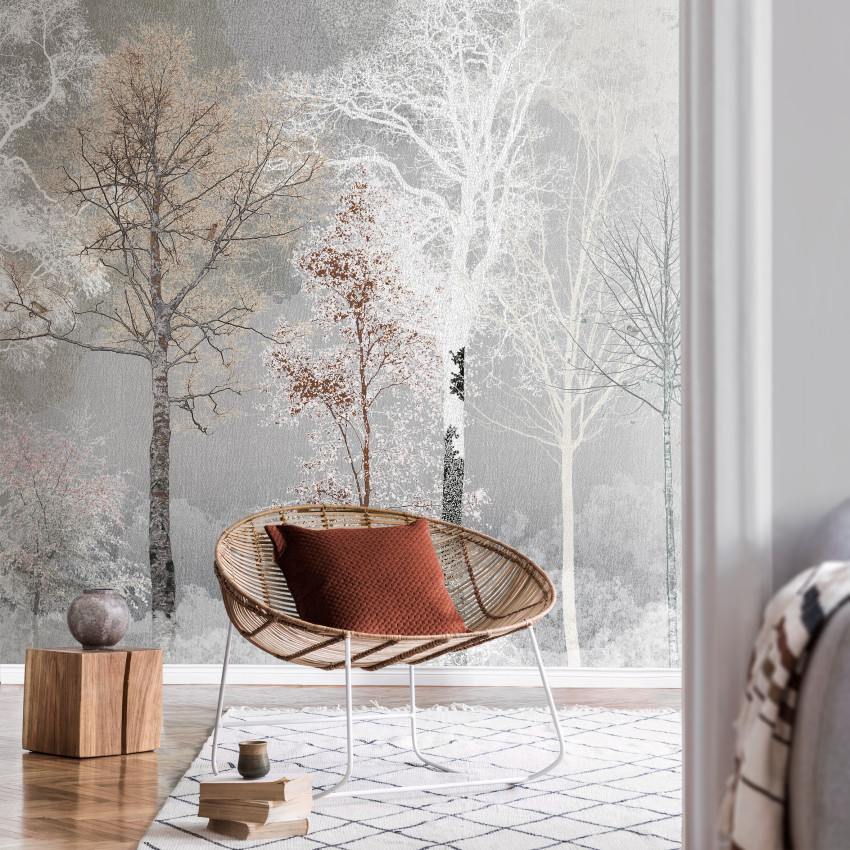 Tapet cu design abstract, tonuri pastelate de roz și bej, cu accente de auriu, evocă o atmosferă relaxantă și elegantă, perfectă pentru un spațiu intim și confortabil.