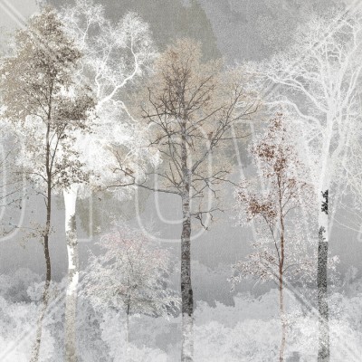 Wallpaper cu design minimalist de pădure liniștită, în nuanțe de maro și gri.