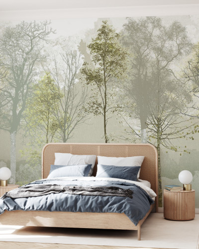Tapet Hidden Bird, Green Beige, cu design de copaci subțiri și o pasăre ascunsă, perfect pentru a crea o atmosferă liniștită și relaxantă.