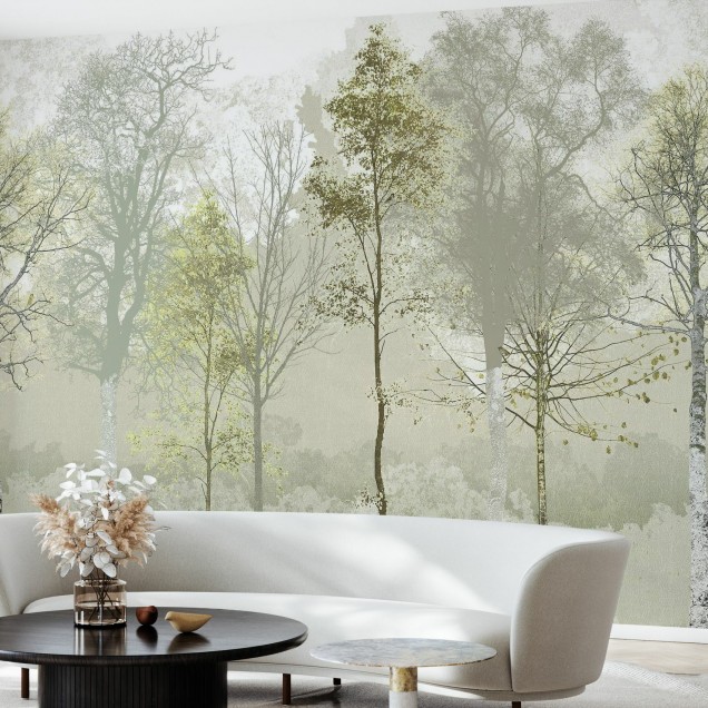 Tapet Hidden Bird, Green Beige, cu design de copaci subțiri și o pasăre ascunsă, perfect pentru a crea o atmosferă liniștită și relaxantă.