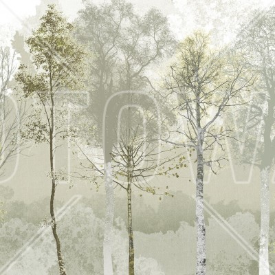 Tapet Hidden Bird, Green Beige, cu design de copaci subțiri și o pasăre ascunsă, perfect pentru a crea o atmosferă liniștită și relaxantă.