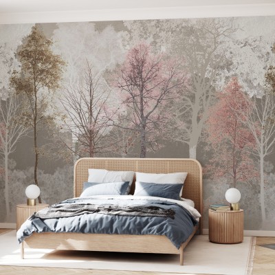 Tapet cu design abstract, tonuri pastelate de roz și bej, cu accente de auriu, evocă o atmosferă relaxantă și elegantă, perfectă pentru un spațiu intim și confortabil.