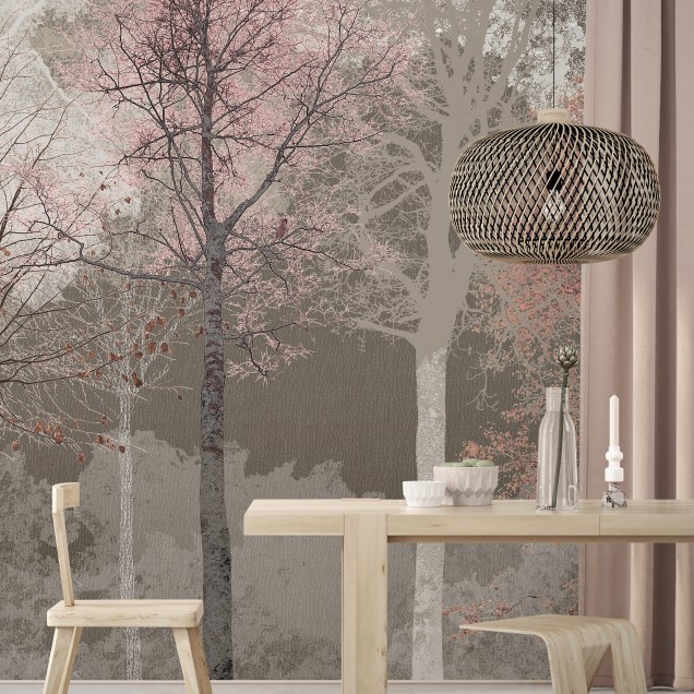 Tapet cu design abstract, tonuri pastelate de roz și bej, cu accente de auriu, evocă o atmosferă relaxantă și elegantă, perfectă pentru un spațiu intim și confortabil.