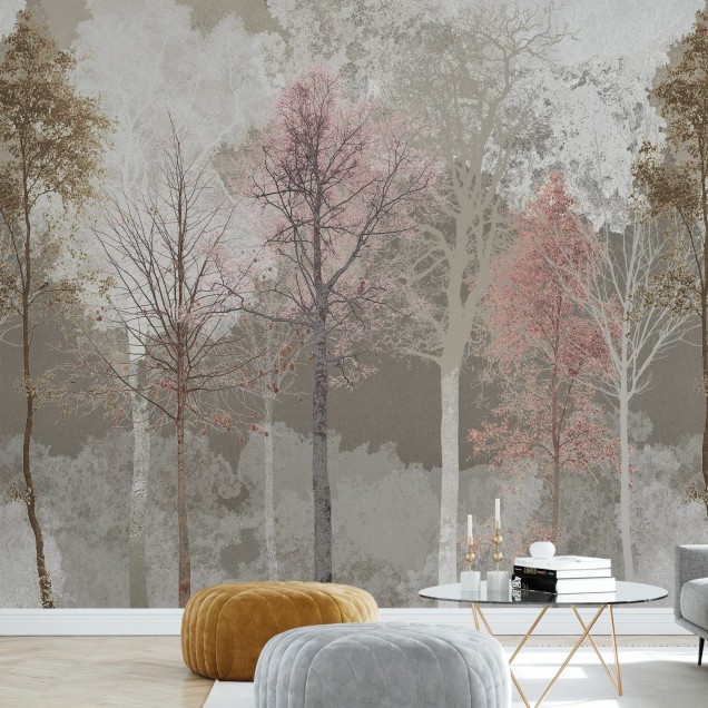 Tapet cu design abstract, tonuri pastelate de roz și bej, cu accente de auriu, evocă o atmosferă relaxantă și elegantă, perfectă pentru un spațiu intim și confortabil.