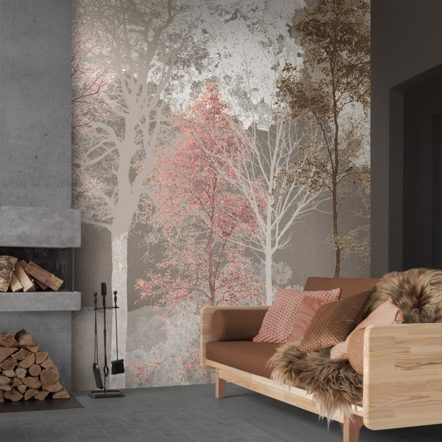 Tapet cu design abstract, tonuri pastelate de roz și bej, cu accente de auriu, evocă o atmosferă relaxantă și elegantă, perfectă pentru un spațiu intim și confortabil.