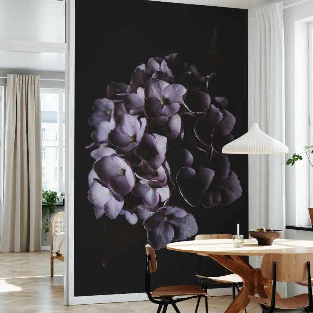 Tapet floral cu flori mov pe un fundal negru