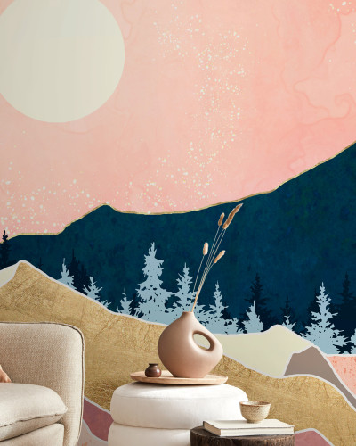 Tapet cu design abstract modern, cu apus de soare și munți acoperiți de pădure.