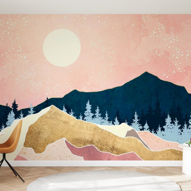 Tapet cu design abstract modern, cu apus de soare și munți acoperiți de pădure.