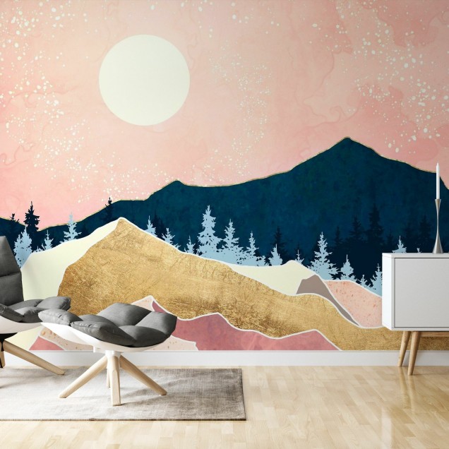 Tapet cu design abstract modern, cu apus de soare și munți acoperiți de pădure.