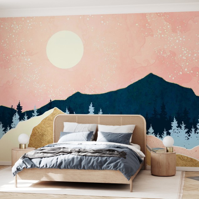 Tapet cu design abstract modern, cu apus de soare și munți acoperiți de pădure.