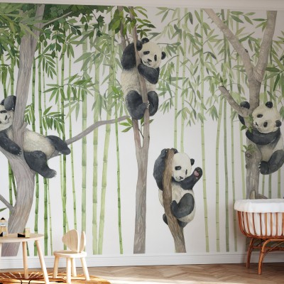 Panda Friends, Bright wallpaper, cu pandine drăguțe ce se joacă în pădurea de bambus.