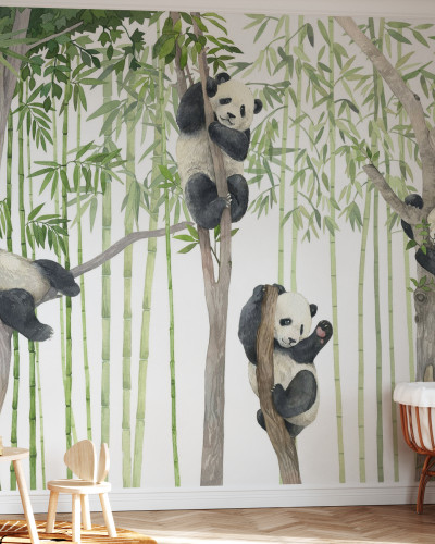 Panda Friends, Bright wallpaper, cu pandine drăguțe ce se joacă în pădurea de bambus.