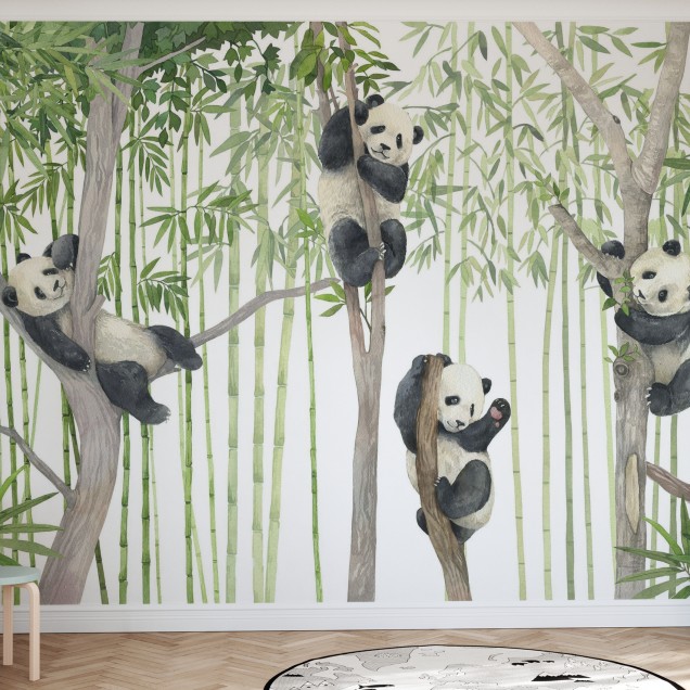 Panda Friends, Bright wallpaper, cu pandine drăguțe ce se joacă în pădurea de bambus.