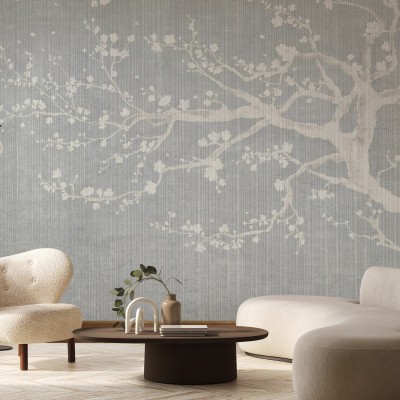 Tapet cu flori de cires Sakura Spring II - un design minimalist si elegant pentru casa ta.