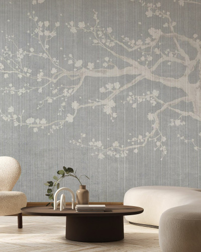 Tapet cu flori de cires Sakura Spring II - un design minimalist si elegant pentru casa ta.