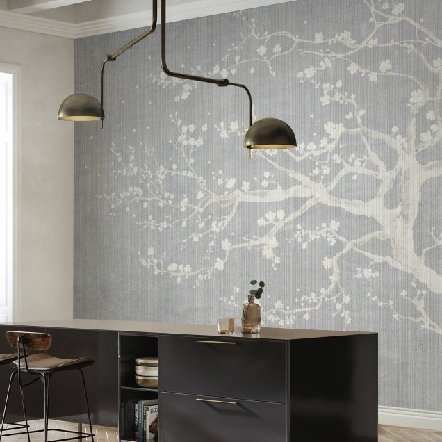 Tapet cu flori de cires Sakura Spring II - un design minimalist si elegant pentru casa ta.