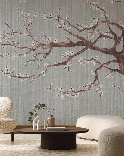 Tapet cu design minimalist cu flori de cireș albe pe un fundal gri deschis