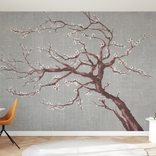 Tapet cu design minimalist cu flori de cireș albe pe un fundal gri deschis