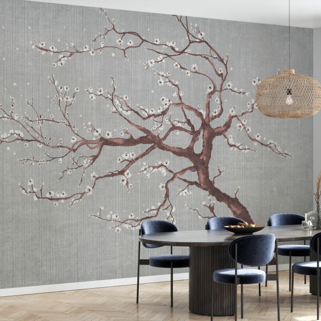 Tapet cu design minimalist cu flori de cireș albe pe un fundal gri deschis