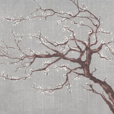 Tapet cu design minimalist cu flori de cireș albe pe un fundal gri deschis