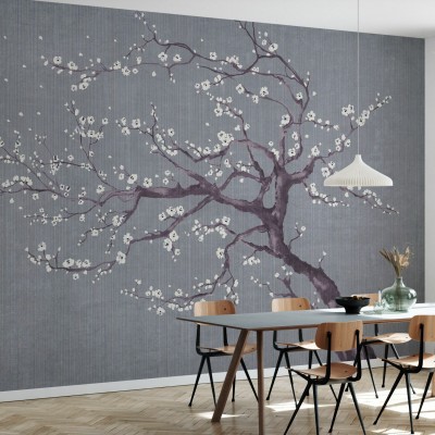 Tapet floral cu ramură de cires japonez înflorită, perfect pentru a crea o atmosferă relaxantă și primitoare.