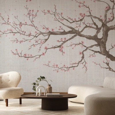 Un tapet floral minimalist care ilustreaza o ramura de cires in floare, cu flori roz delicate pe un fundal de textura naturala.
