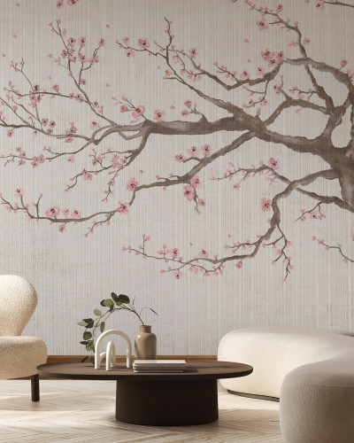 Un tapet floral minimalist care ilustreaza o ramura de cires in floare, cu flori roz delicate pe un fundal de textura naturala.
