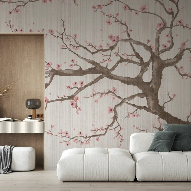Un tapet floral minimalist care ilustreaza o ramura de cires in floare, cu flori roz delicate pe un fundal de textura naturala.