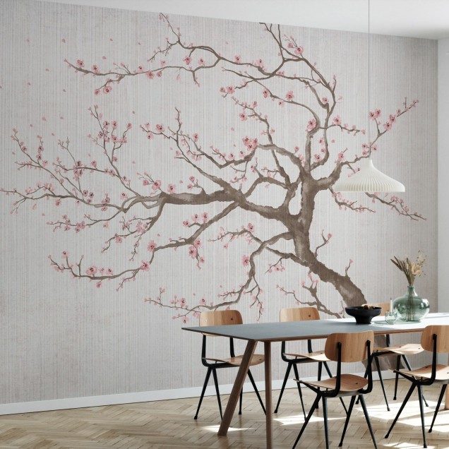 Un tapet floral minimalist care ilustreaza o ramura de cires in floare, cu flori roz delicate pe un fundal de textura naturala.