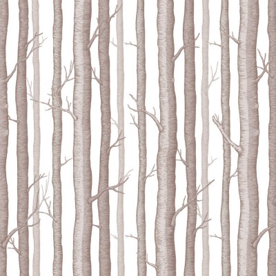 Tapet cu aspect de pădure, Trees and Trees Photowall, cu trunchiuri de copaci în nuanțe de maro, pe un fundal alb.