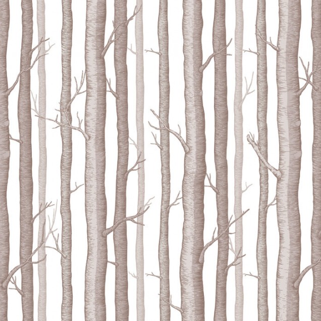 Tapet cu aspect de pădure, Trees and Trees Photowall, cu trunchiuri de copaci în nuanțe de maro, pe un fundal alb.
