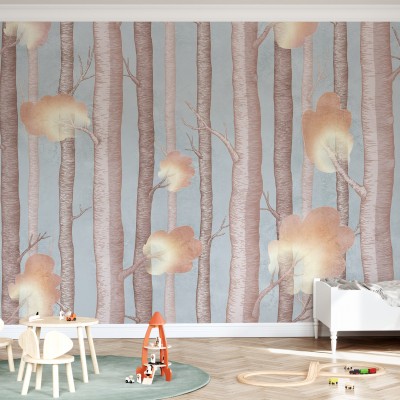 Wallpaper cu design modern - Trees and Trees III, Blue.  Acesta  creează o atmosferă magică și relaxantă în orice cameră. Imaginea cu copaci înalți și coroane delicate în culori calde este perfectă pentru a transforma un perete banal într-un colț de natur