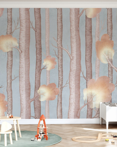 Wallpaper cu design modern - Trees and Trees III, Blue.  Acesta  creează o atmosferă magică și relaxantă în orice cameră. Imaginea cu copaci înalți și coroane delicate în culori calde este perfectă pentru a transforma un perete banal într-un colț de natur
