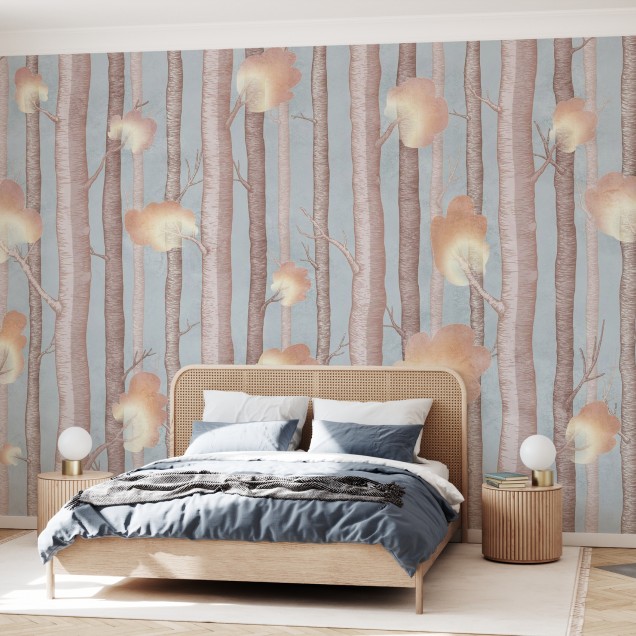 Wallpaper cu design modern - Trees and Trees III, Blue.  Acesta  creează o atmosferă magică și relaxantă în orice cameră. Imaginea cu copaci înalți și coroane delicate în culori calde este perfectă pentru a transforma un perete banal într-un colț de natur