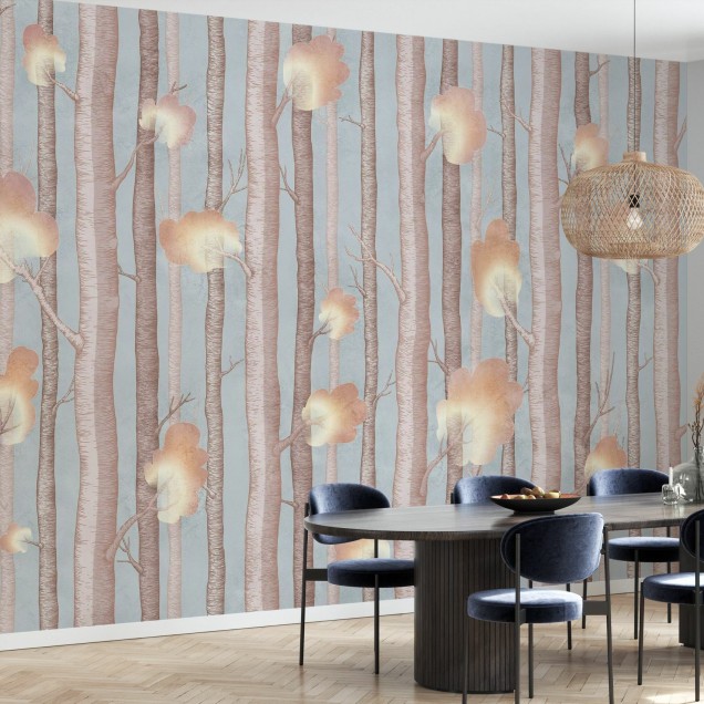 Wallpaper cu design modern - Trees and Trees III, Blue.  Acesta  creează o atmosferă magică și relaxantă în orice cameră. Imaginea cu copaci înalți și coroane delicate în culori calde este perfectă pentru a transforma un perete banal într-un colț de natur