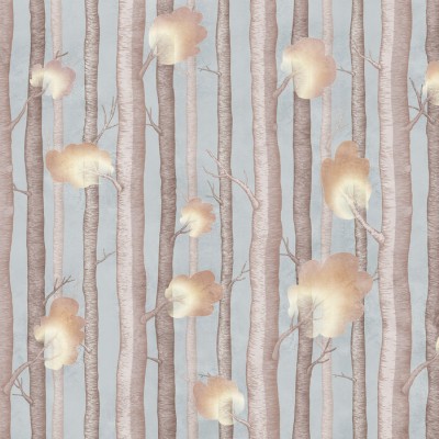 Wallpaper cu design modern - Trees and Trees III, Blue.  Acesta  creează o atmosferă magică și relaxantă în orice cameră. Imaginea cu copaci înalți și coroane delicate în culori calde este perfectă pentru a transforma un perete banal într-un colț de natur