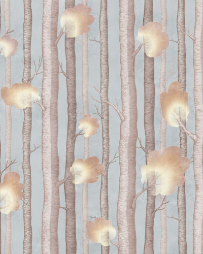 Wallpaper cu design modern - Trees and Trees III, Blue.  Acesta  creează o atmosferă magică și relaxantă în orice cameră. Imaginea cu copaci înalți și coroane delicate în culori calde este perfectă pentru a transforma un perete banal într-un colț de natur