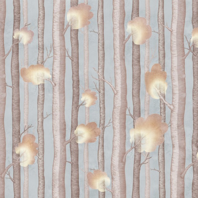 Wallpaper cu design modern - Trees and Trees III, Blue.  Acesta  creează o atmosferă magică și relaxantă în orice cameră. Imaginea cu copaci înalți și coroane delicate în culori calde este perfectă pentru a transforma un perete banal într-un colț de natur