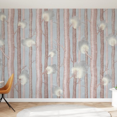 Tapet cu design abstract de copaci și flori, in nuanțe pastelate, perfect pentru un decor modern si elegant.