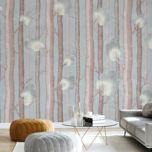 Tapet cu design abstract de copaci și flori, in nuanțe pastelate, perfect pentru un decor modern si elegant.