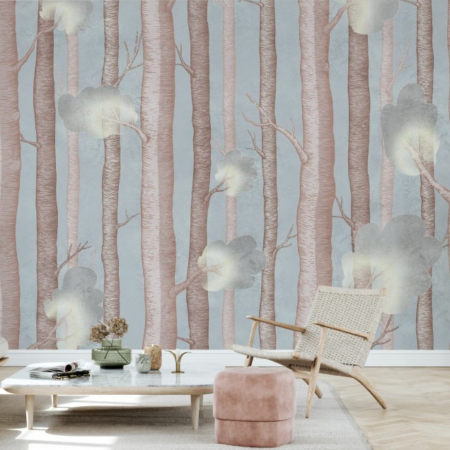 Tapet cu design abstract de copaci și flori, in nuanțe pastelate, perfect pentru un decor modern si elegant.
