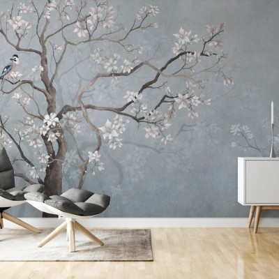 Tapet Best Friends Branch VII cu un design delicat, cu un copac cu flori roz pastelate si pasarele