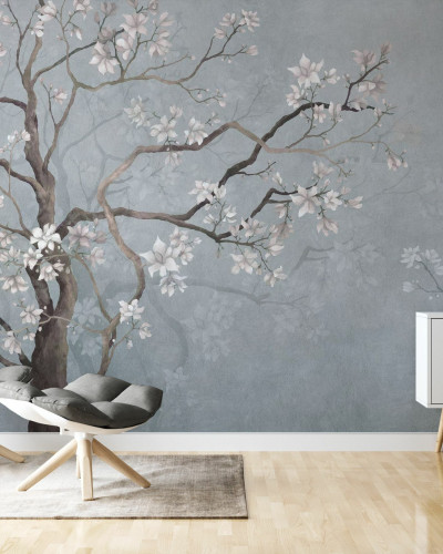 Tapet Best Friends Branch VII cu un design delicat, cu un copac cu flori roz pastelate si pasarele