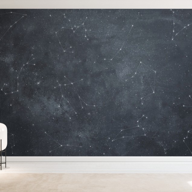 Zoodiac Sky IV, tapet cu stele și constelații pe un fundal gri,  imagine modernă și minimalistă pentru decorarea pereților