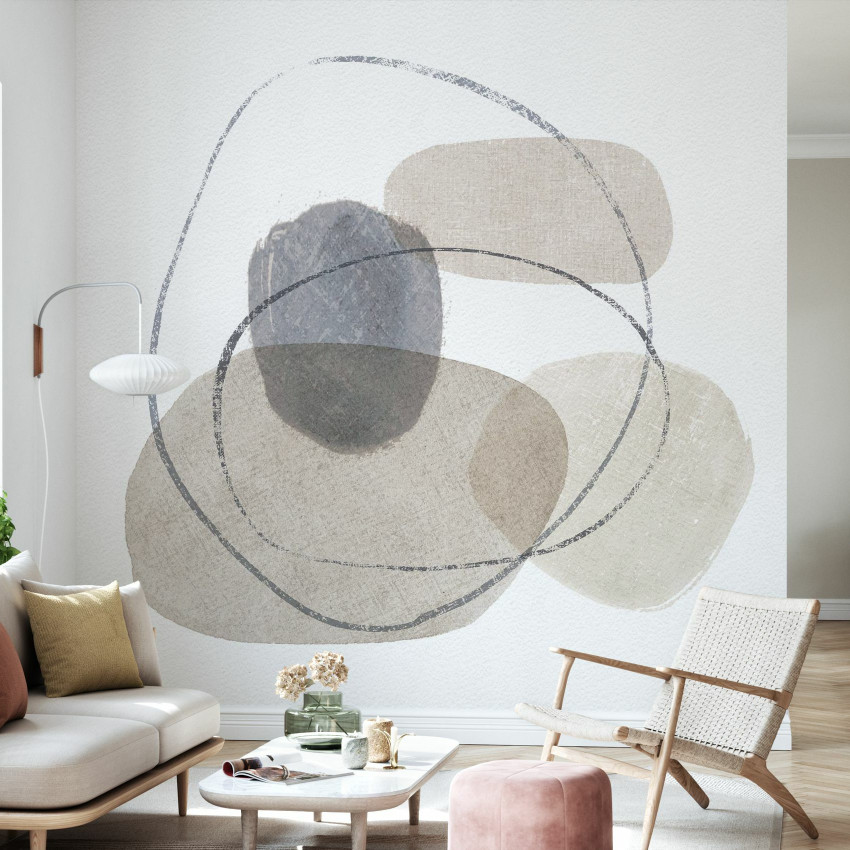 Fototapet abstract cu cercuri si forme geometrice roz, bej si gri