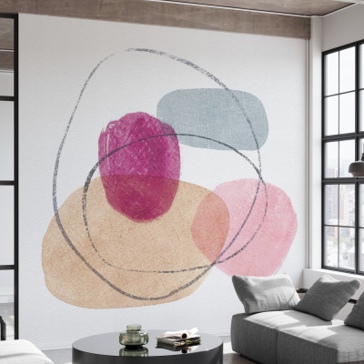 Fototapet abstract cu cercuri si forme geometrice roz, bej si gri