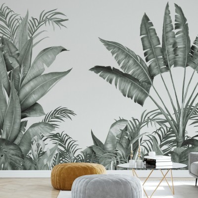 Wallpaper tropical cu frunze de palmier in nuante de gri, perfect pentru a crea o atmosfera relaxanta in casa.