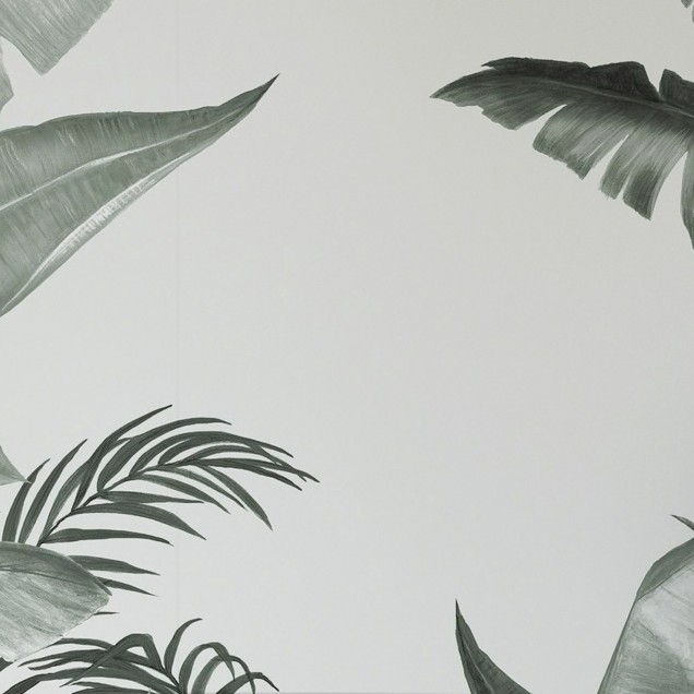 Wallpaper tropical cu frunze de palmier in nuante de gri, perfect pentru a crea o atmosfera relaxanta in casa.